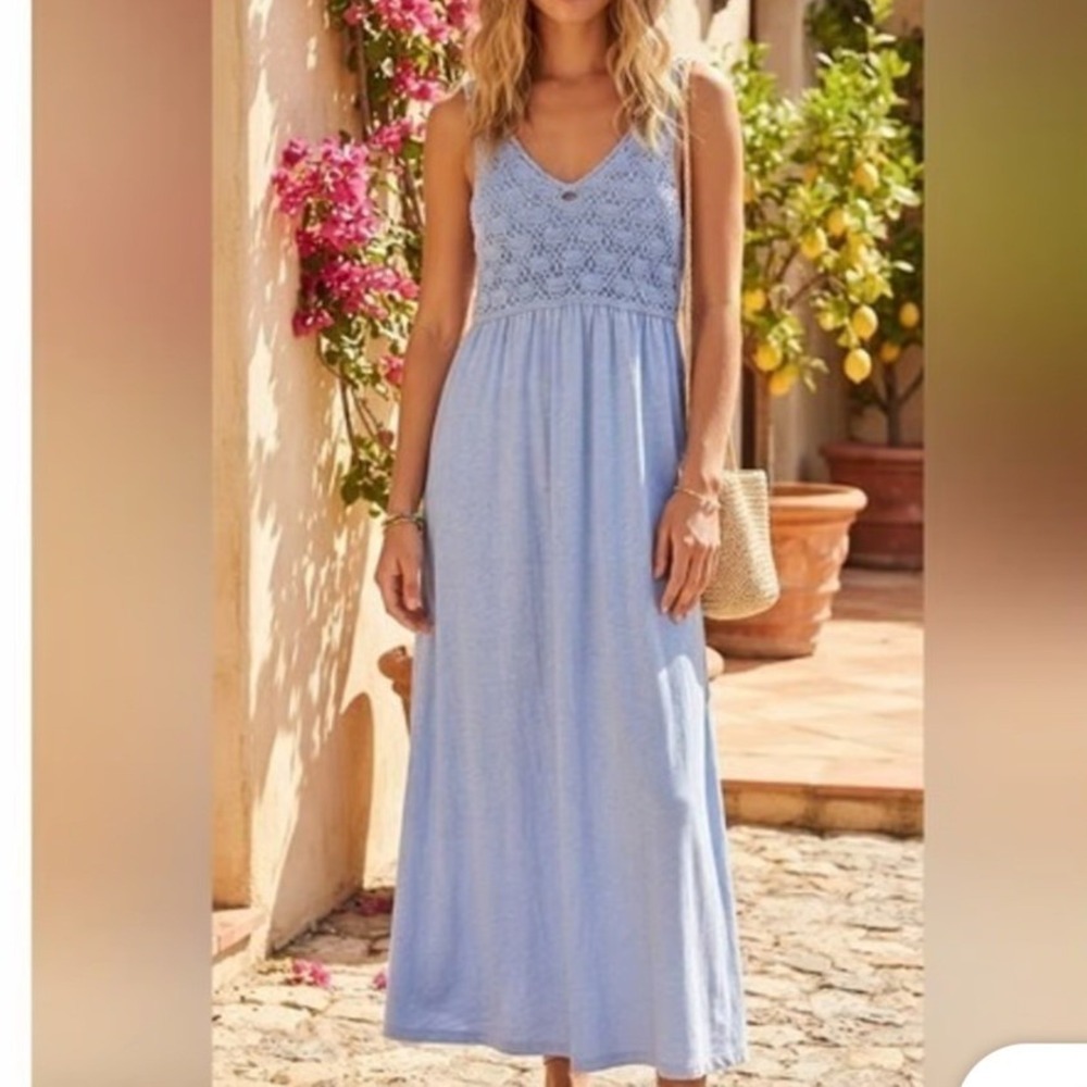 NWT Aerie Crochet Bodice Maxi Dress Small Blue Cotton Slub Sleeveless Pockets - Picture 9 of 9